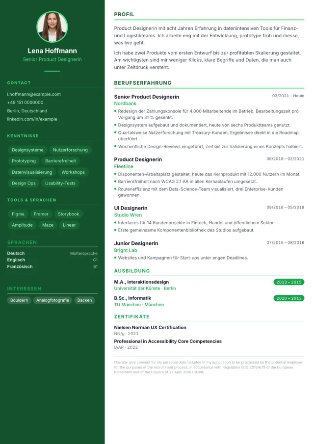 Lebenslauf-Vorlage Emerald im Apply4Me Editor